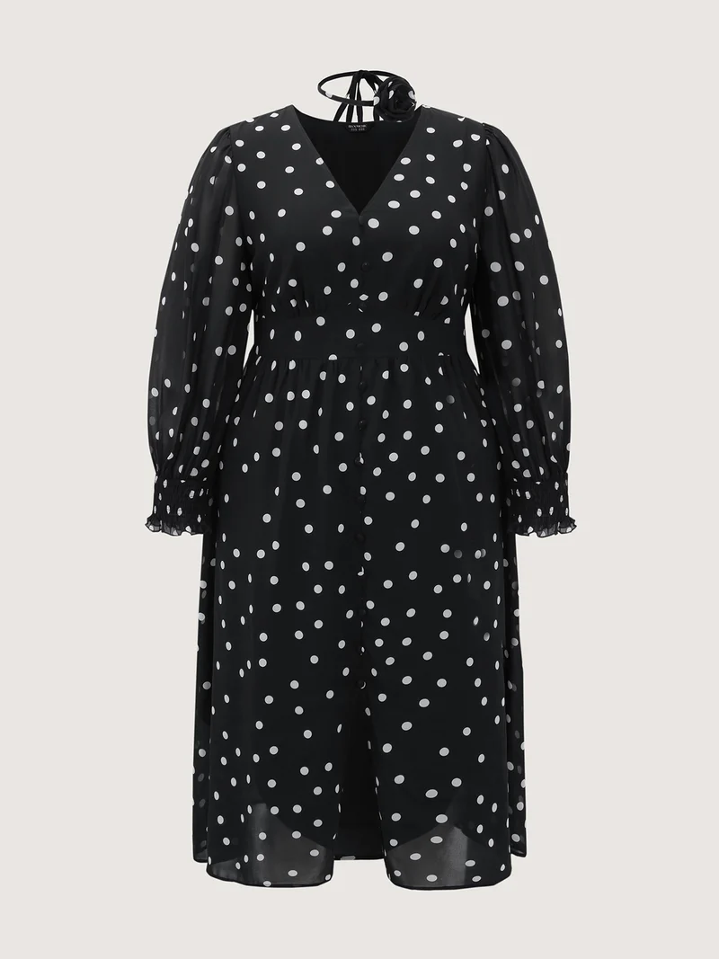 Vintage Polka Dots Puffy Sleeve Midi Dress