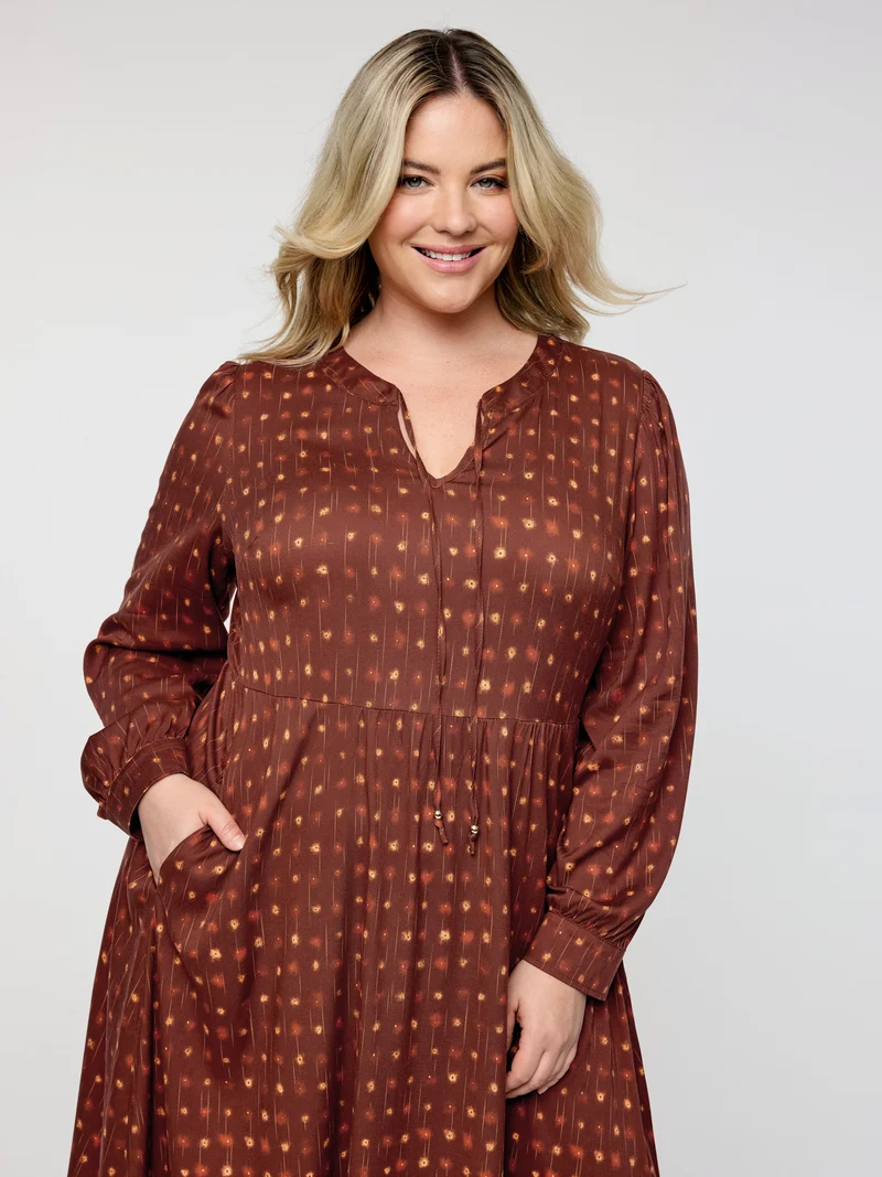 Geometric Print Neck-Tie Pockets Midi Dress