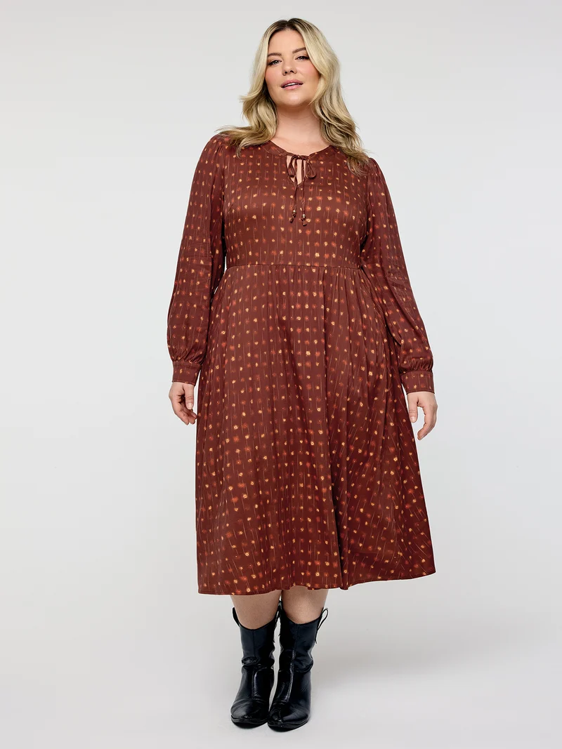 Geometric Print Neck-Tie Pockets Midi Dress
