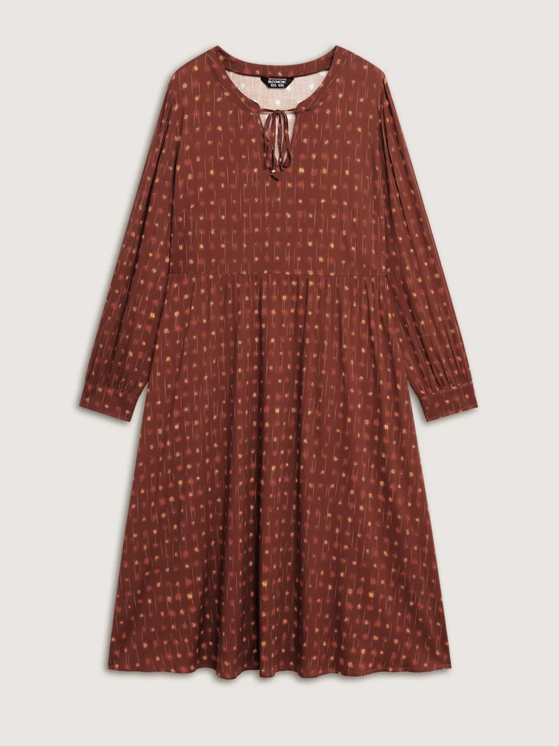 Geometric Print Neck-Tie Pockets Midi Dress