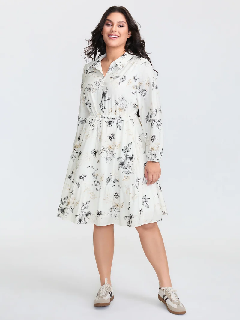 Floral Print Drawstring Waist Midi Dress