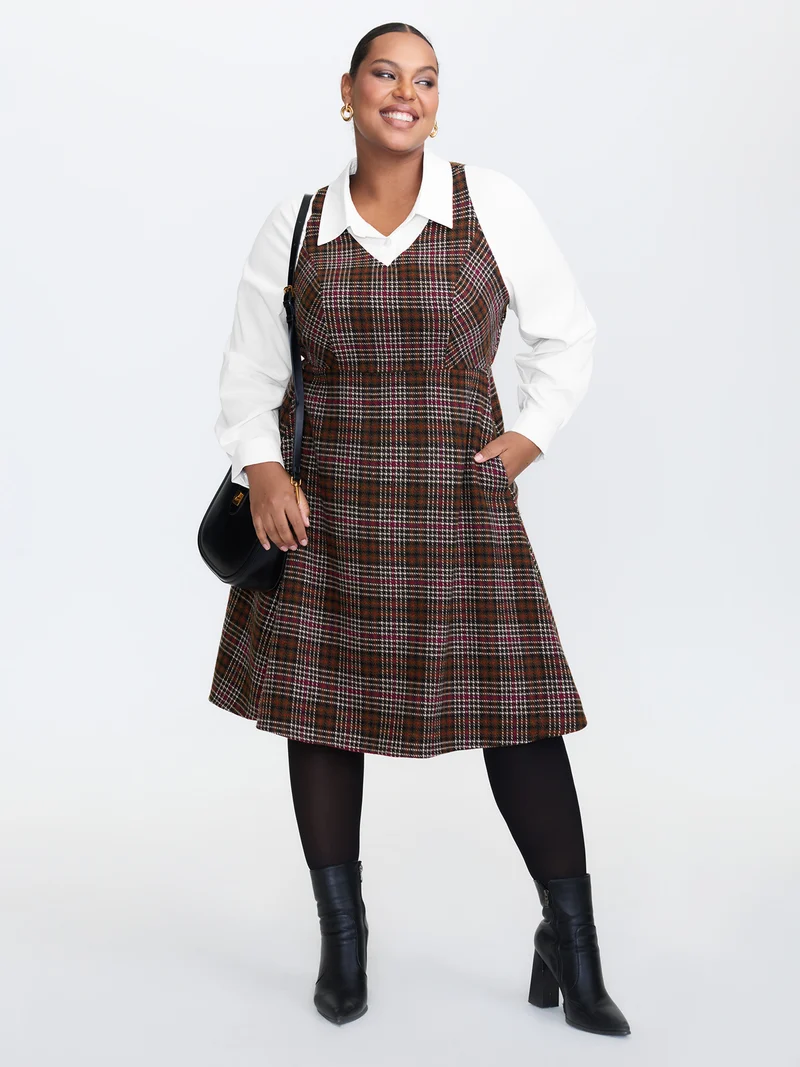 2 In 1 Plaid Pockets Midi Dress