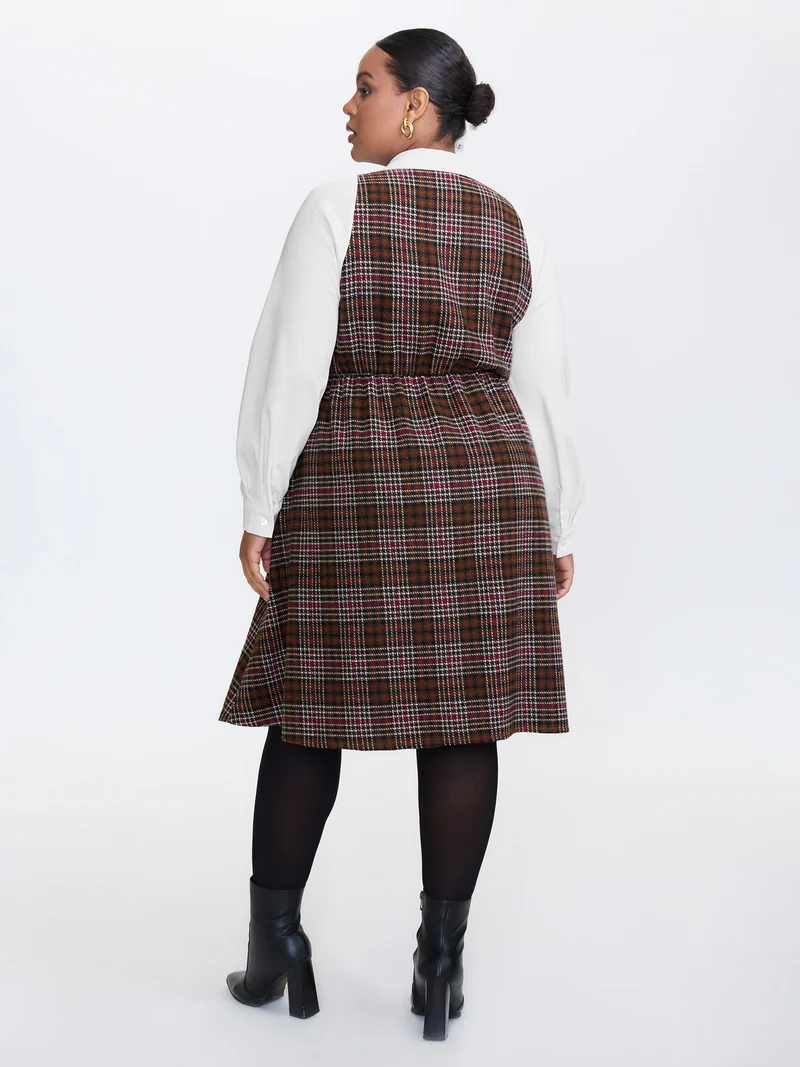 2 In 1 Plaid Pockets Midi Dress