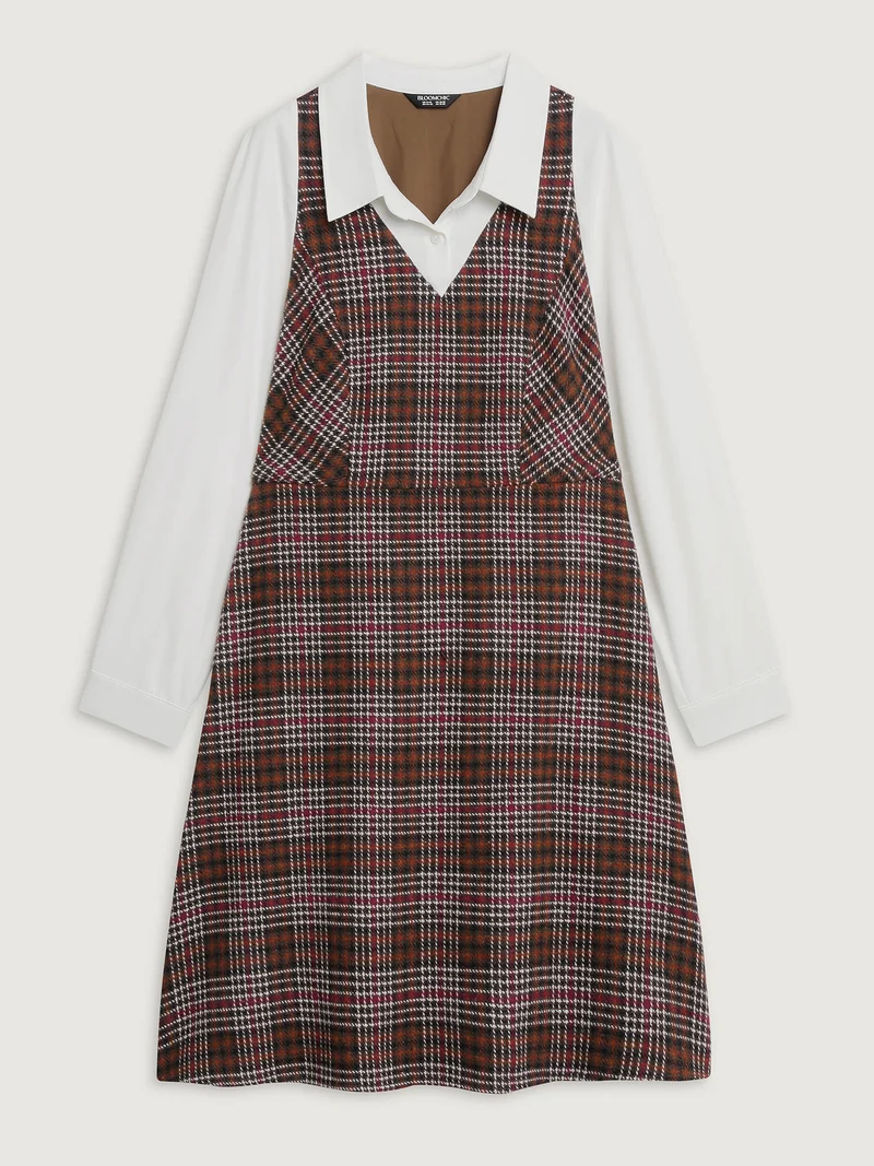 2 In 1 Plaid Pockets Midi Dress