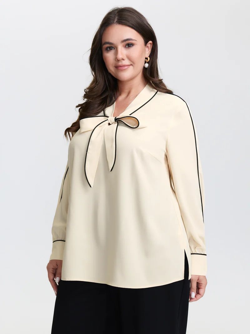 Bowknot Neckline Color Contrast Blouse