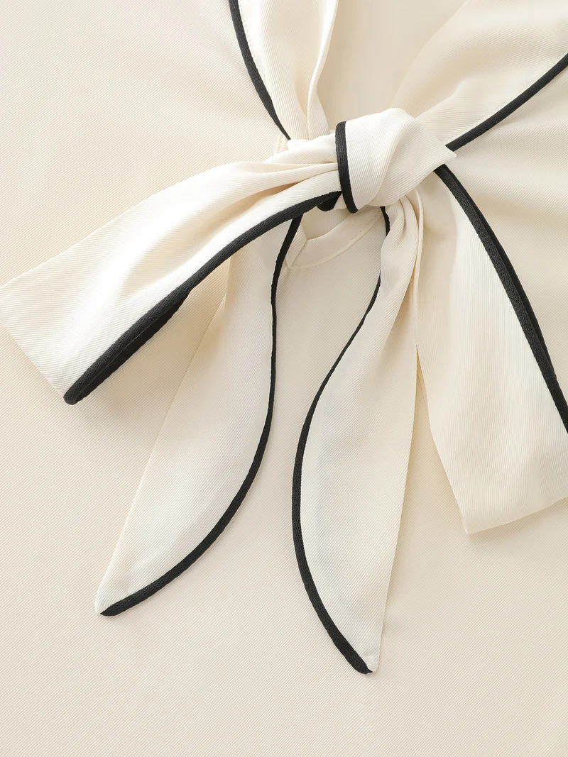 Bowknot Neckline Color Contrast Blouse