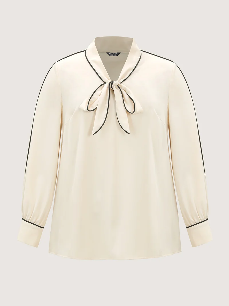 Bowknot Neckline Color Contrast Blouse