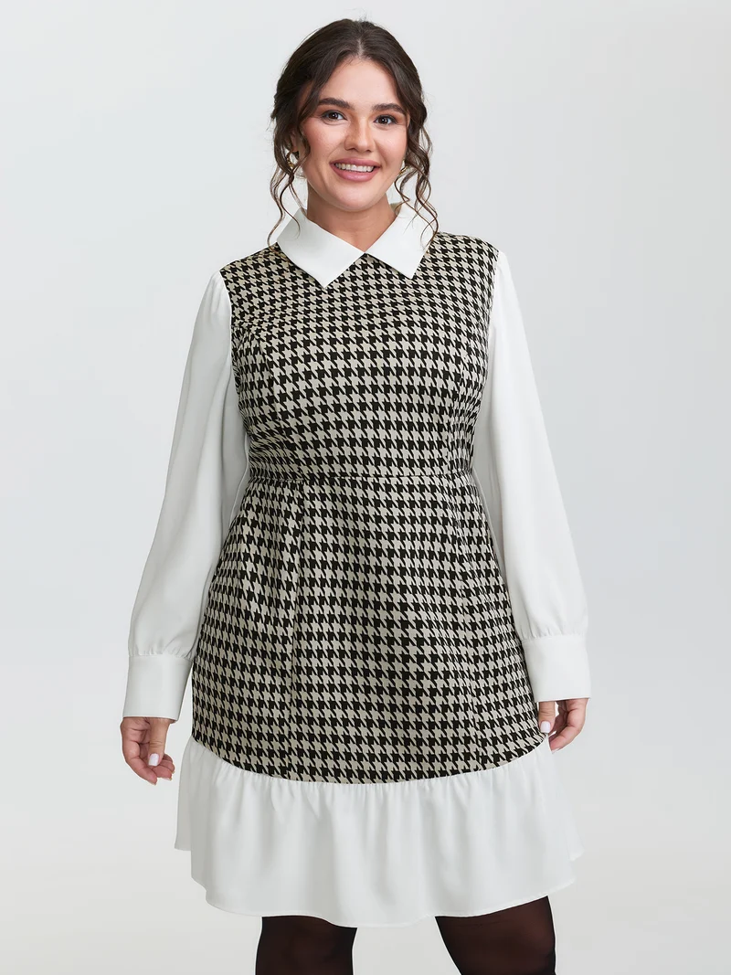 Houndstooth Layered Ruffled Knee Dress