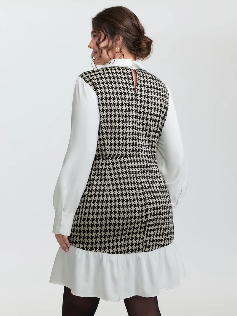 Houndstooth Layered Ruffled Knee Dress