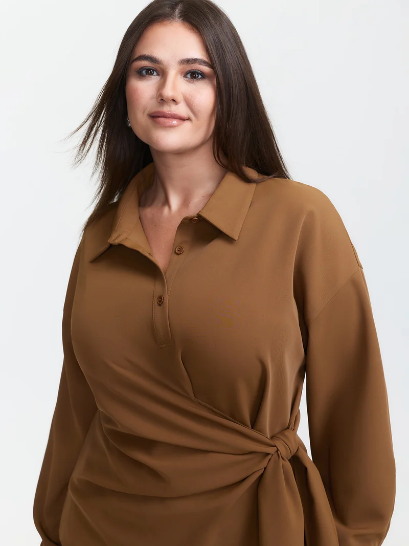Wrap Tie Side Shirt Collar Blouse