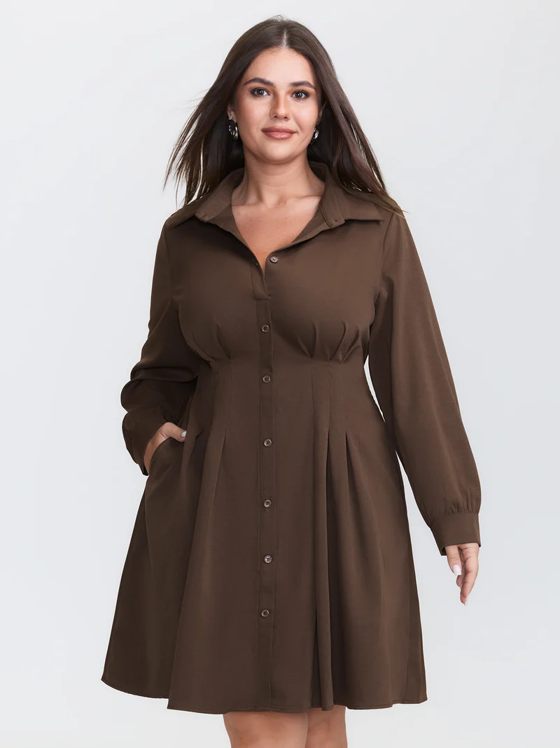 Plicated Cinched-Waist Shirt Midi Dress