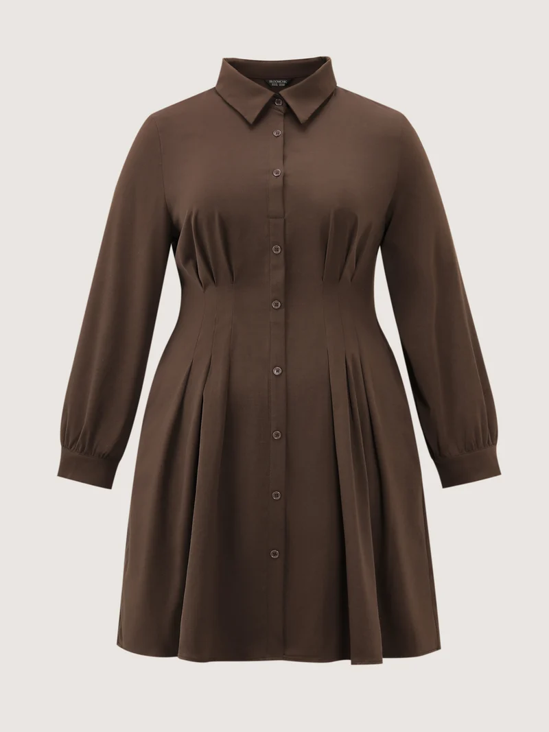 Plicated Cinched-Waist Shirt Midi Dress