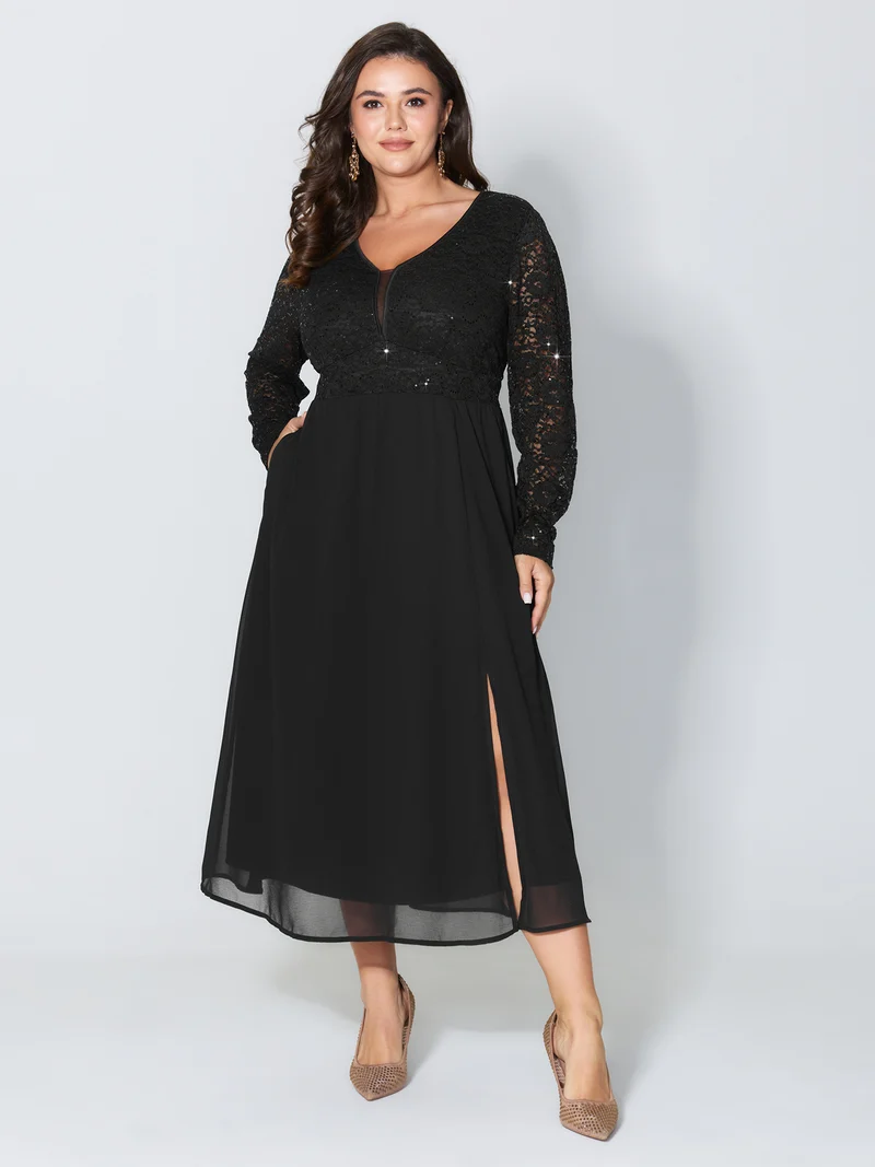 Sheer Lace V-Neck Shirred Waist Midi Dress