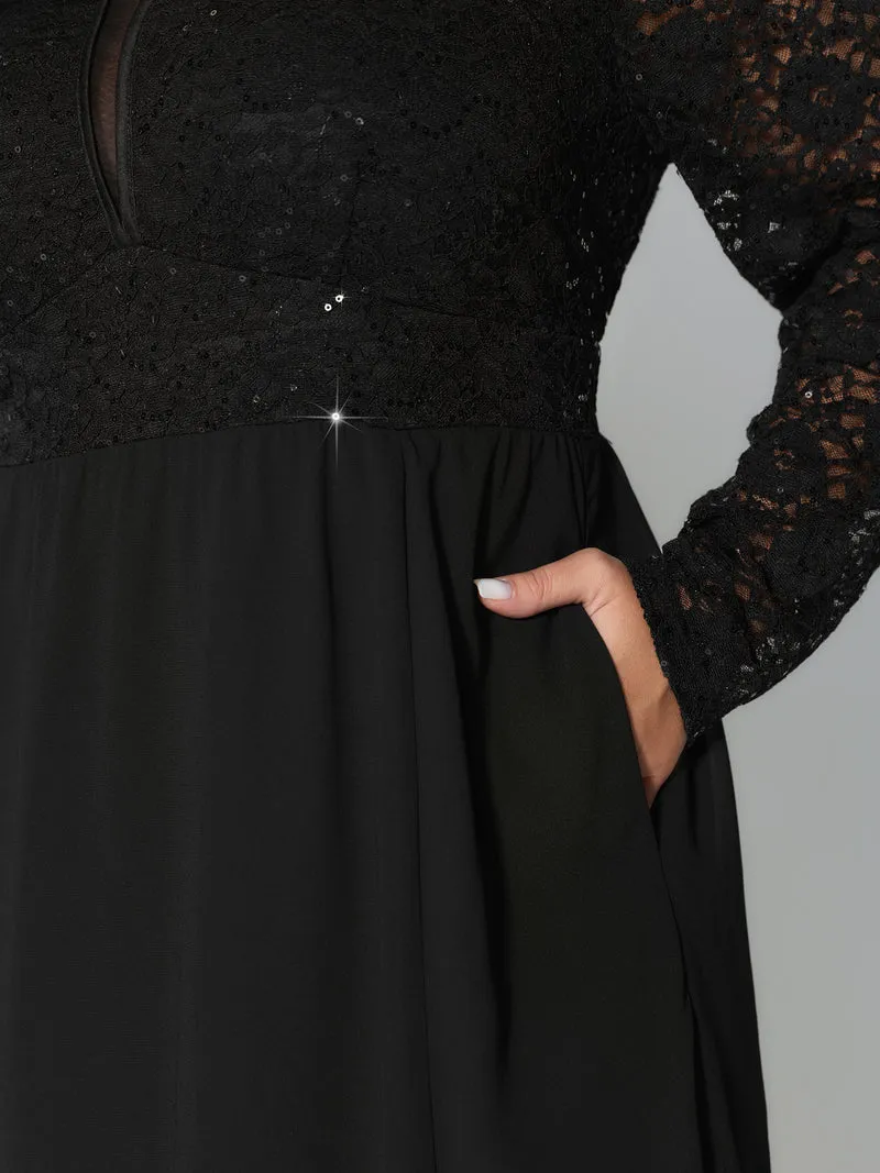 Sheer Lace V-Neck Shirred Waist Midi Dress