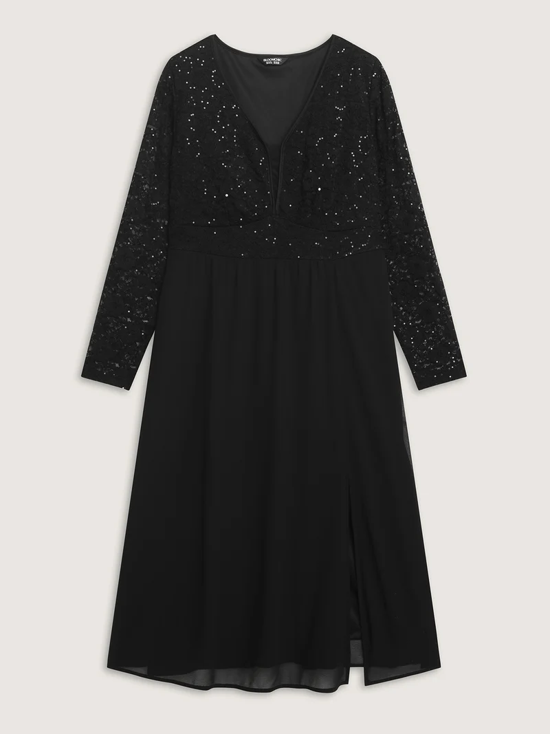 Sheer Lace V-Neck Shirred Waist Midi Dress