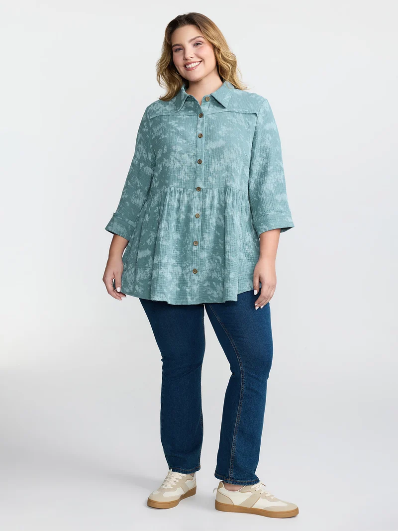 Cotton Snowflake Effect Half-Placket Blouse