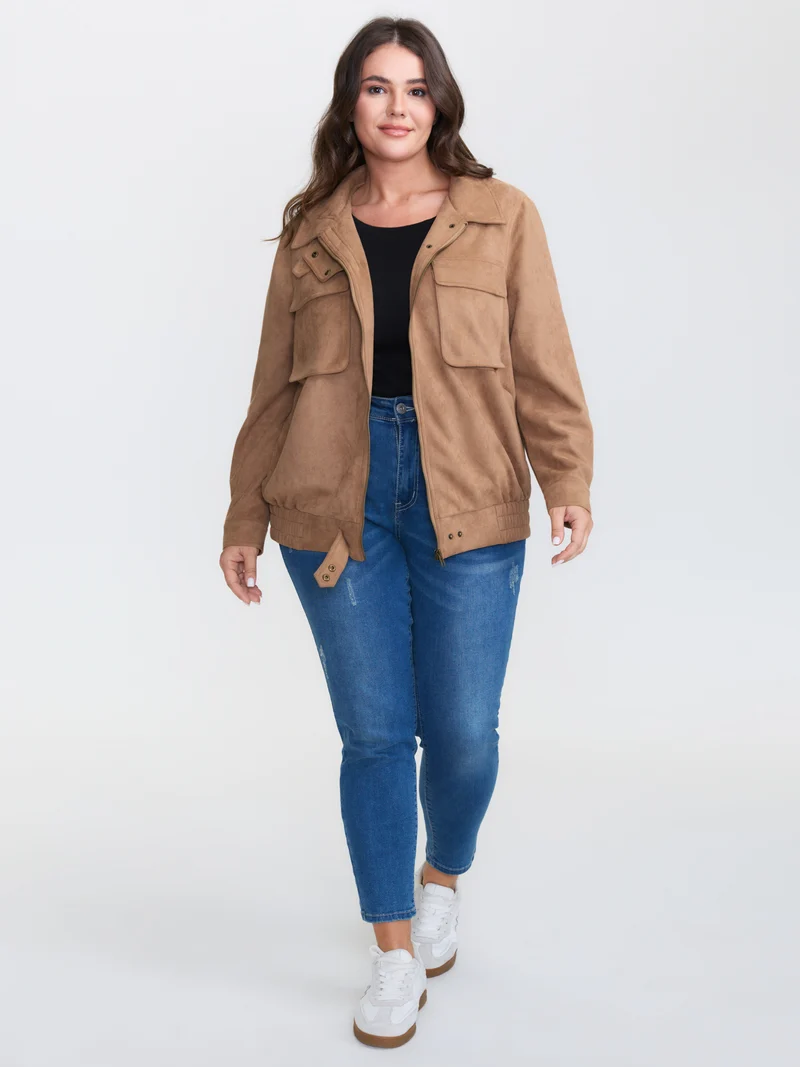 Stretchy Hem Zipper Solid Jacket