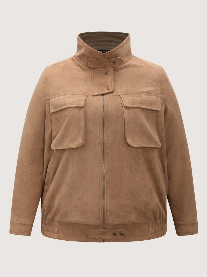Stretchy Hem Zipper Solid Jacket