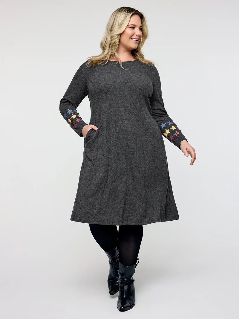 Ribbed Star Print Sleeve Pockets Midi Dress