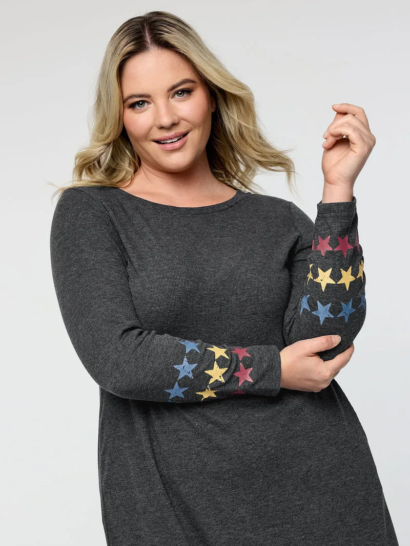 Ribbed Star Print Sleeve Pockets Midi Dress
