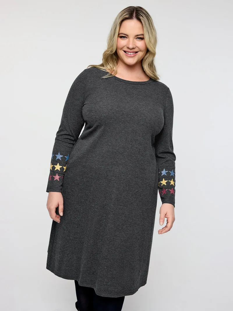 Ribbed Star Print Sleeve Pockets Midi Dress