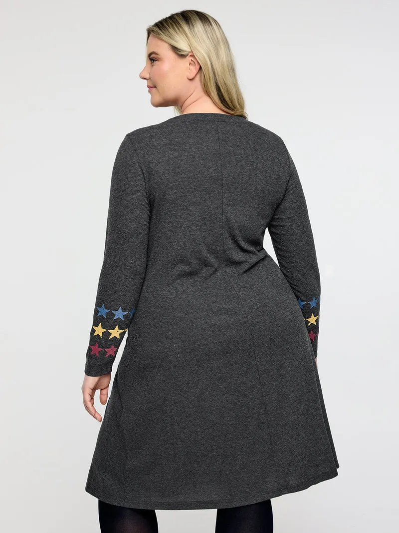 Ribbed Star Print Sleeve Pockets Midi Dress