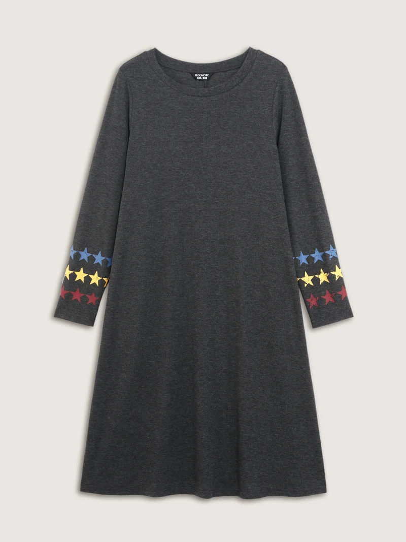 Ribbed Star Print Sleeve Pockets Midi Dress
