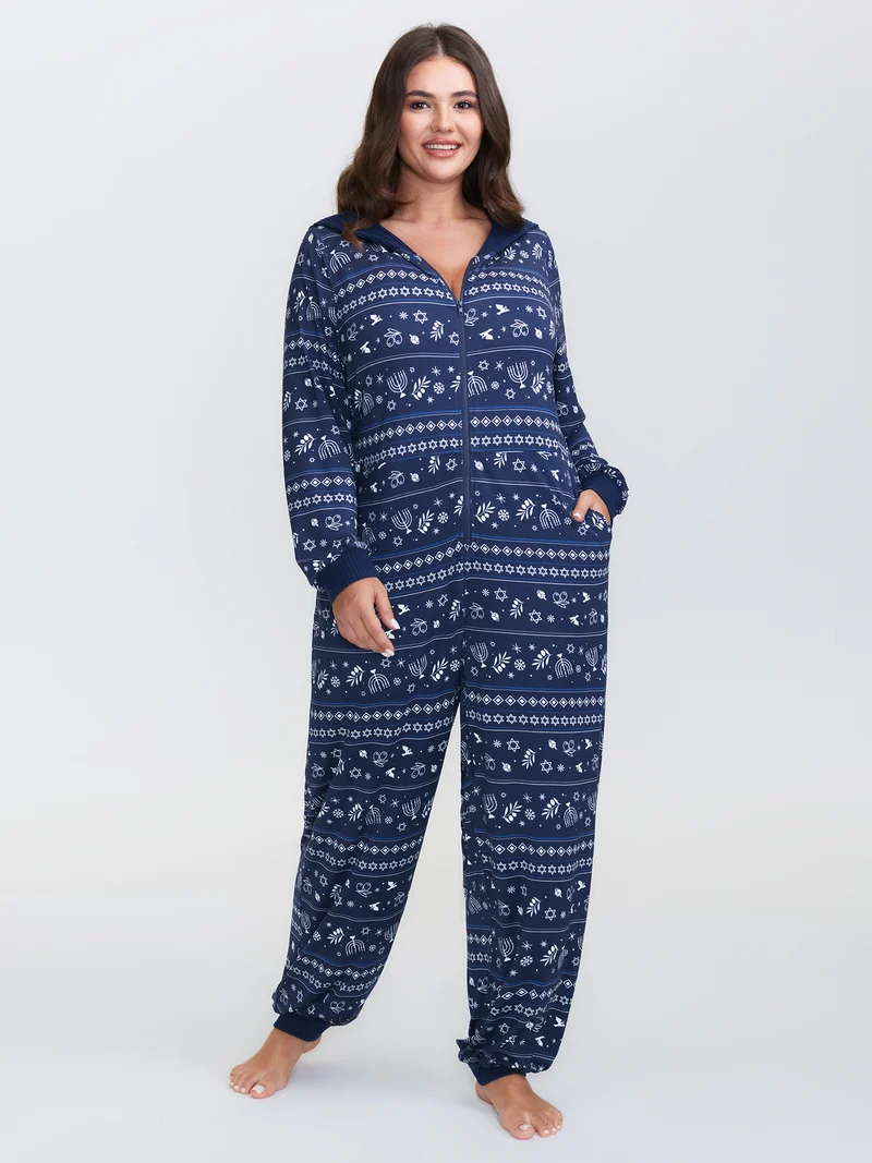 Holiday Print Hooded Pockets Sleep Jumpsuit