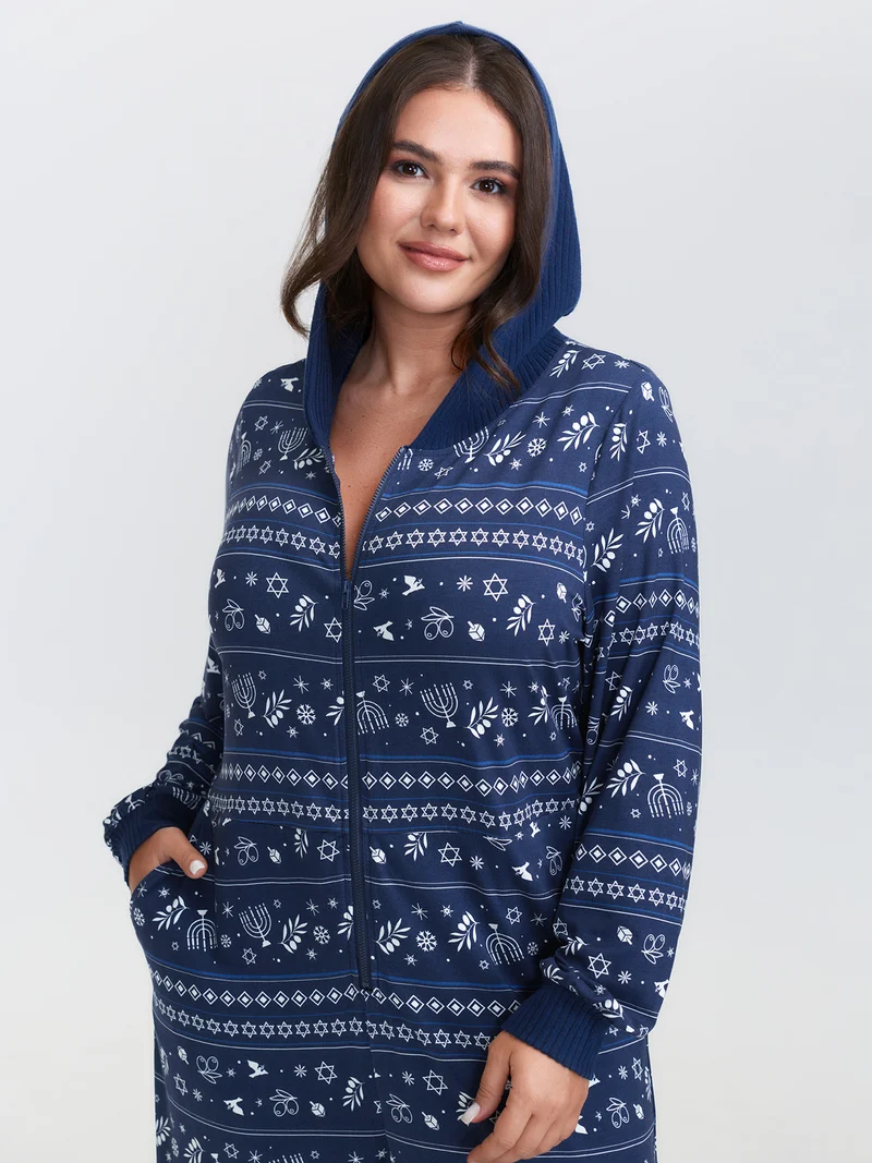 Holiday Print Hooded Pockets Sleep Jumpsuit