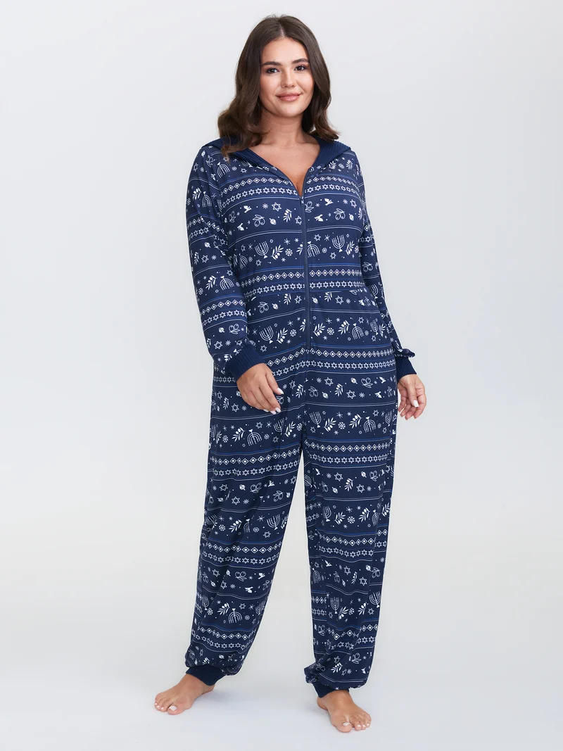 Holiday Print Hooded Pockets Sleep Jumpsuit
