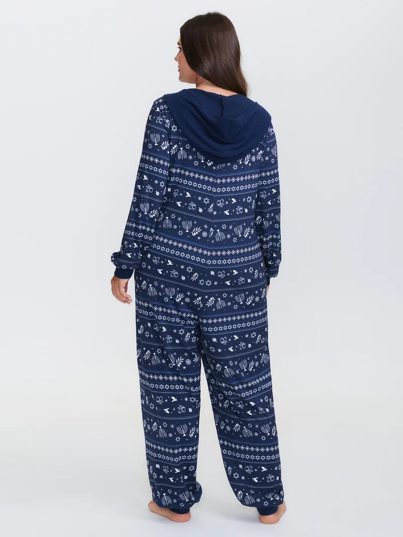 Holiday Print Hooded Pockets Sleep Jumpsuit