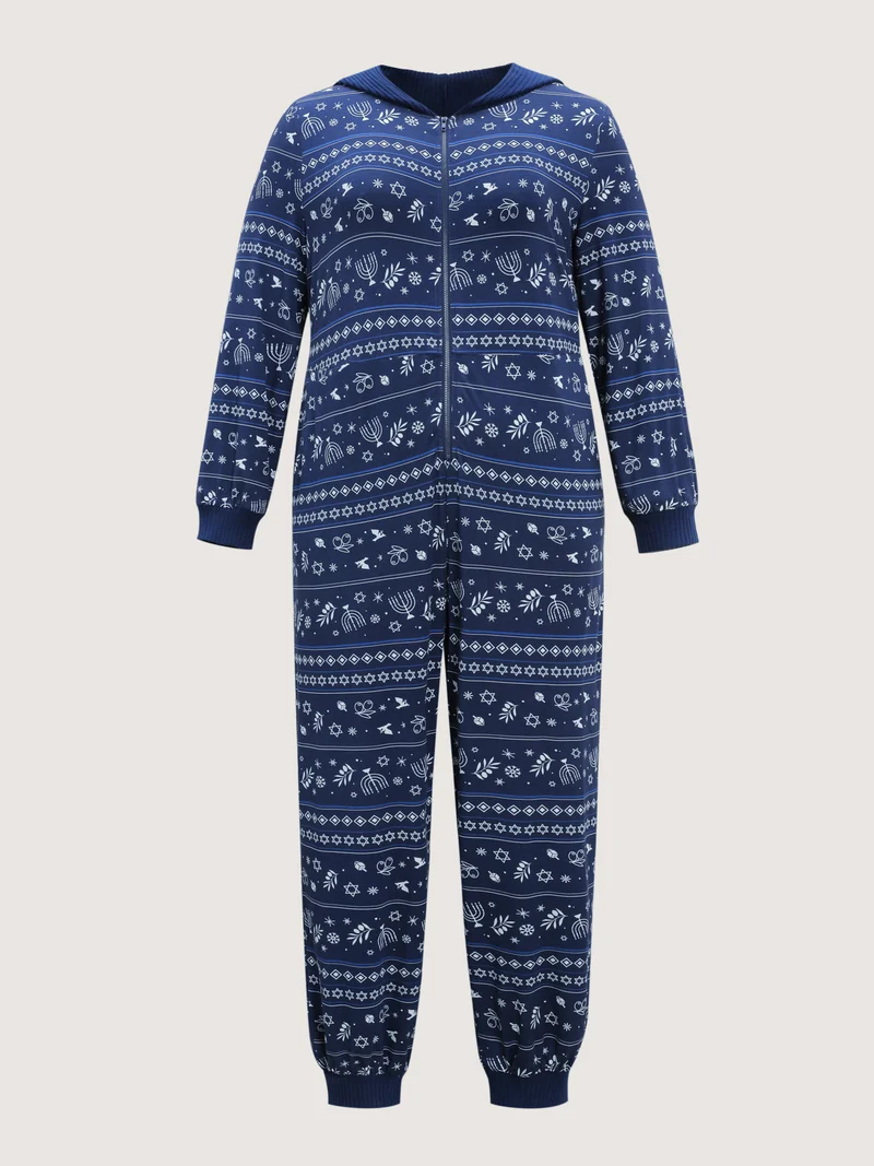 Holiday Print Hooded Pockets Sleep Jumpsuit