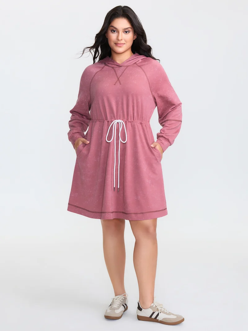 Washed Effect Drawstring Contrast Hooded Dress