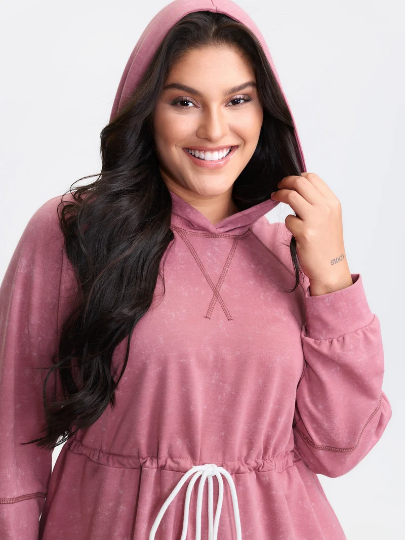 Washed Effect Drawstring Contrast Hooded Dress