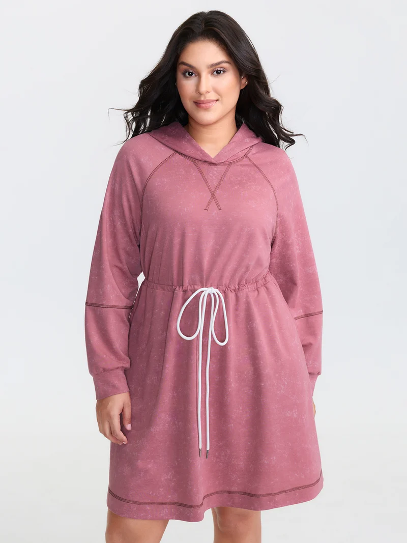 Washed Effect Drawstring Contrast Hooded Dress