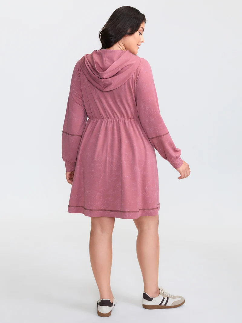 Washed Effect Drawstring Contrast Hooded Dress