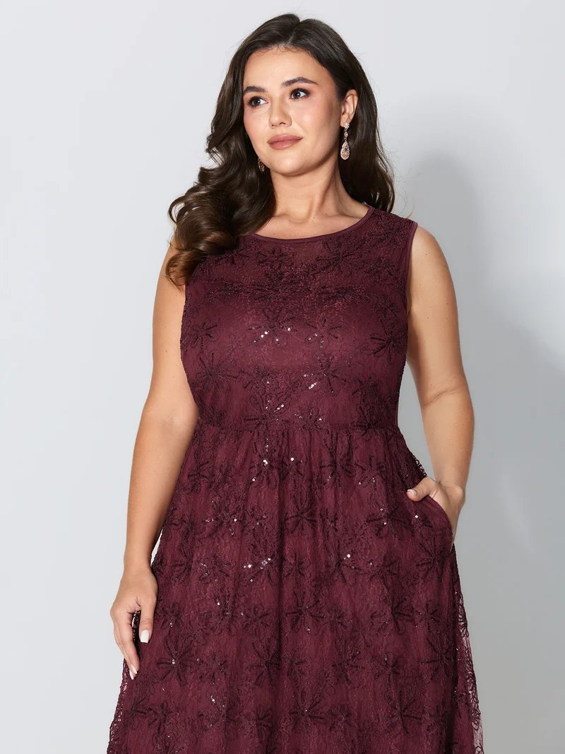 Sequin Floral Mesh Pockets Midi Dress