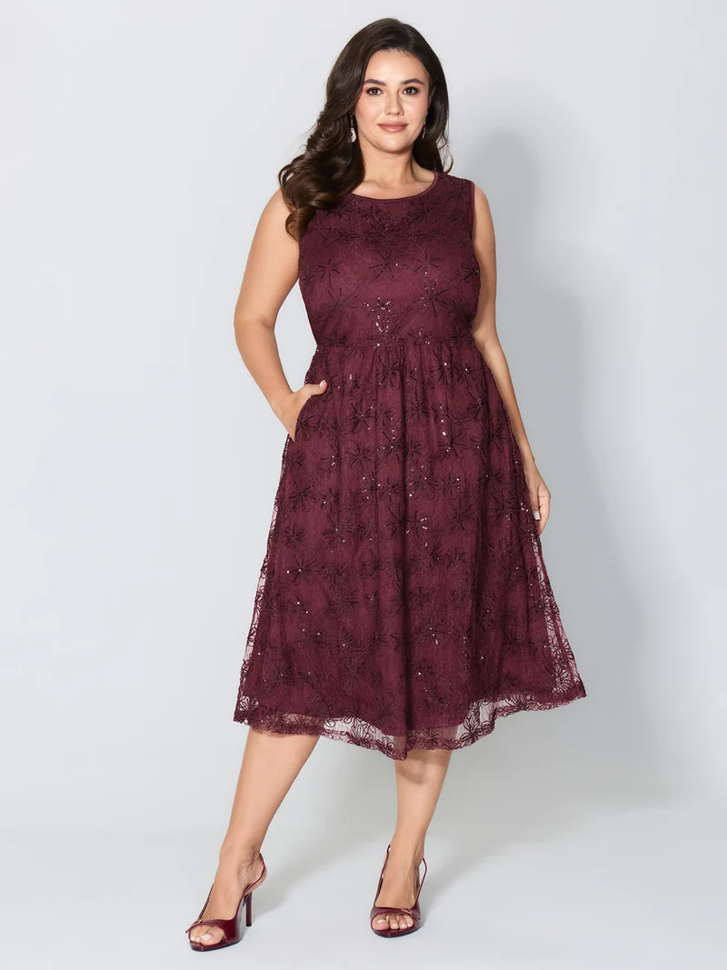 Sequin Floral Mesh Pockets Midi Dress