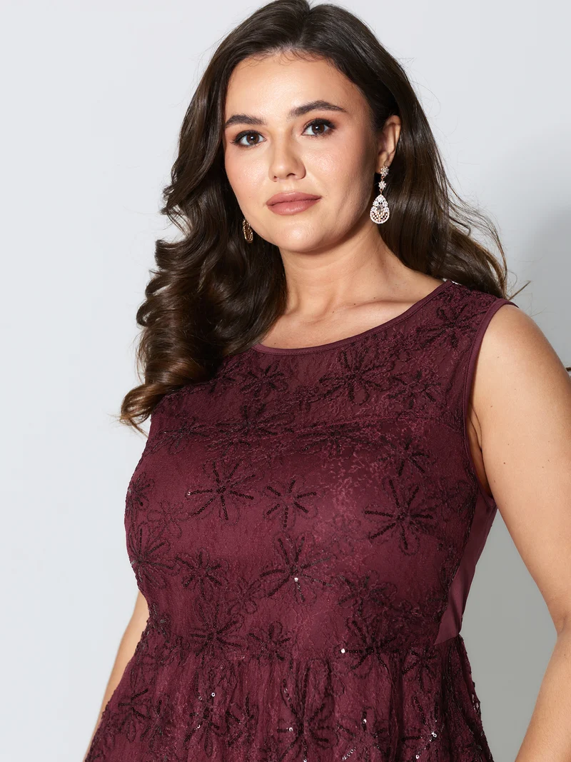 Sequin Floral Mesh Pockets Midi Dress