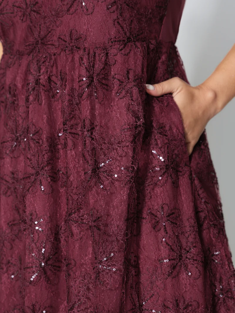 Sequin Floral Mesh Pockets Midi Dress