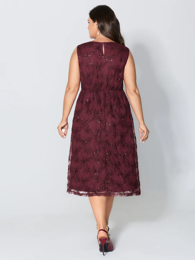 Sequin Floral Mesh Pockets Midi Dress