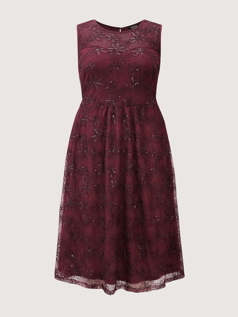 Sequin Floral Mesh Pockets Midi Dress
