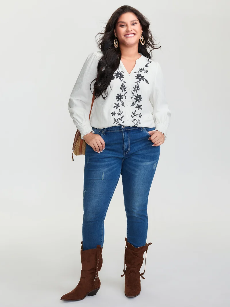 Cotton Floral Embroidery Shirred Blouse