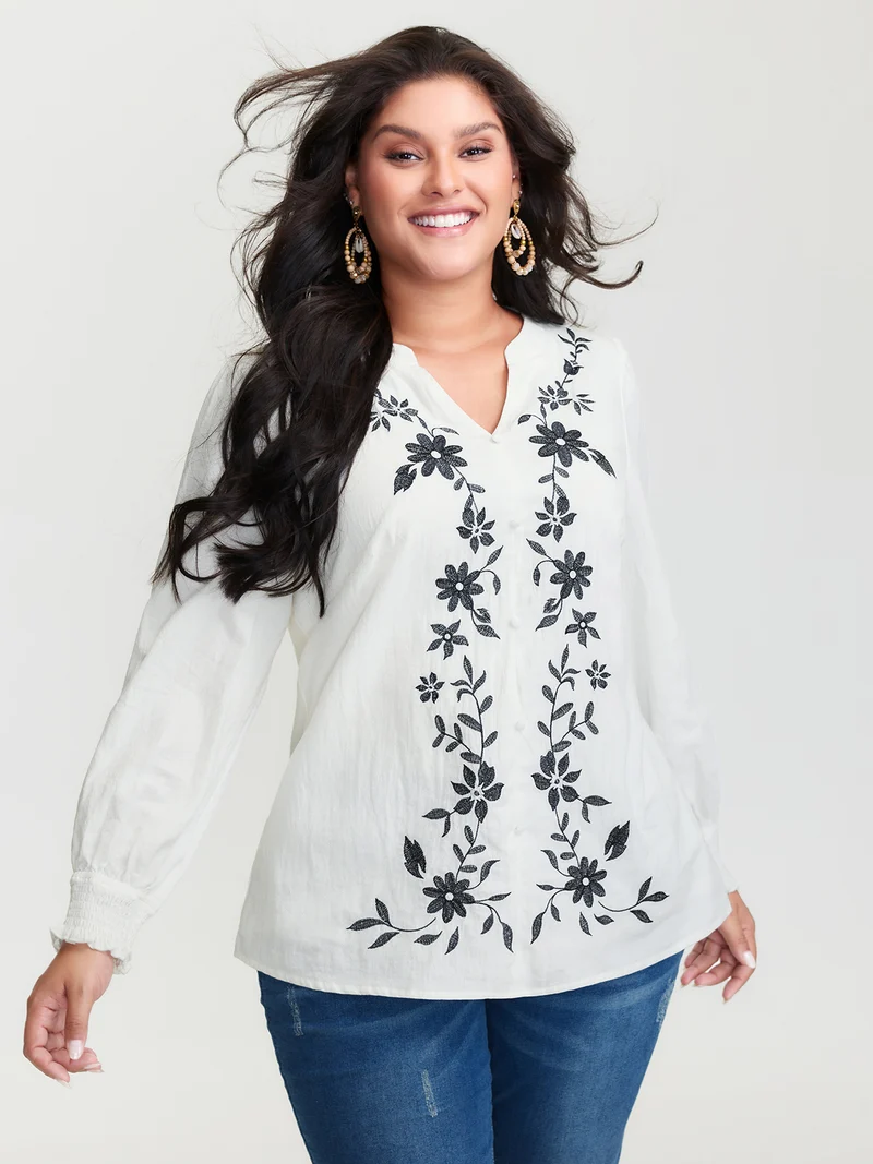 Cotton Floral Embroidery Shirred Blouse