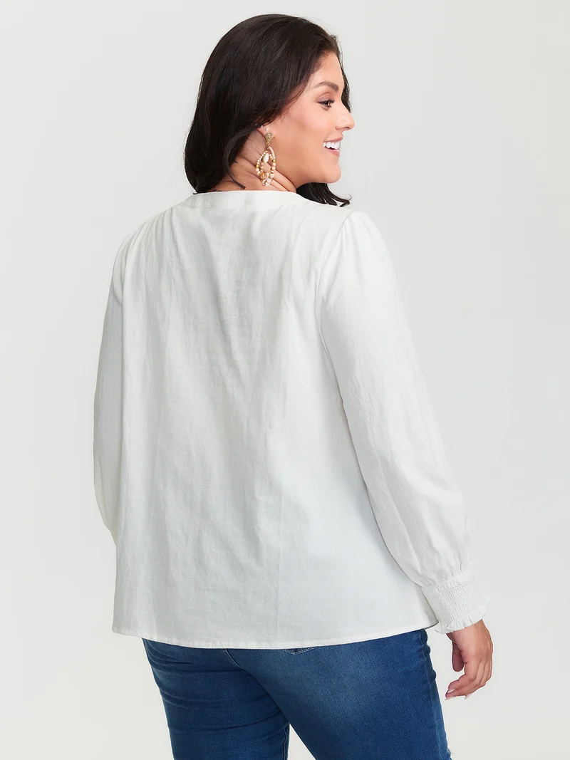 Cotton Floral Embroidery Shirred Blouse