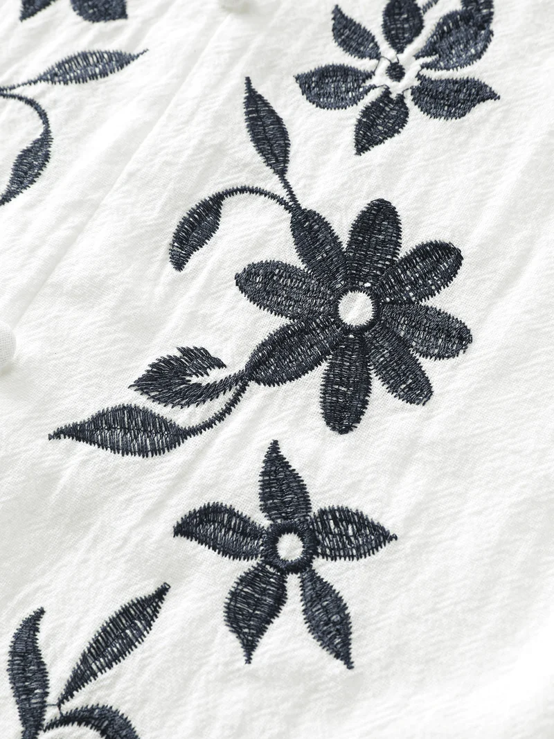 Cotton Floral Embroidery Shirred Blouse