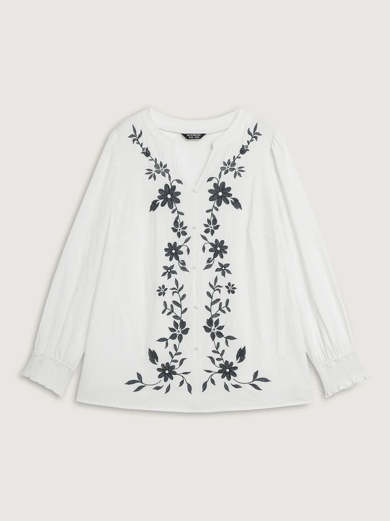 Cotton Floral Embroidery Shirred Blouse