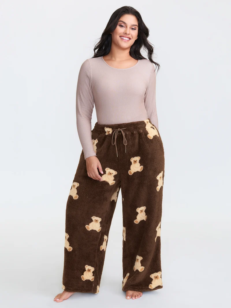 Plush Teddy Pattern Pockets Lounge Bottoms