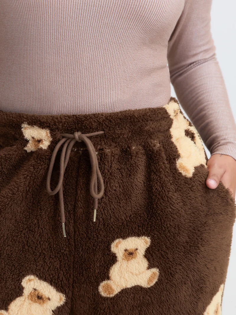 Plush Teddy Pattern Pockets Lounge Bottoms