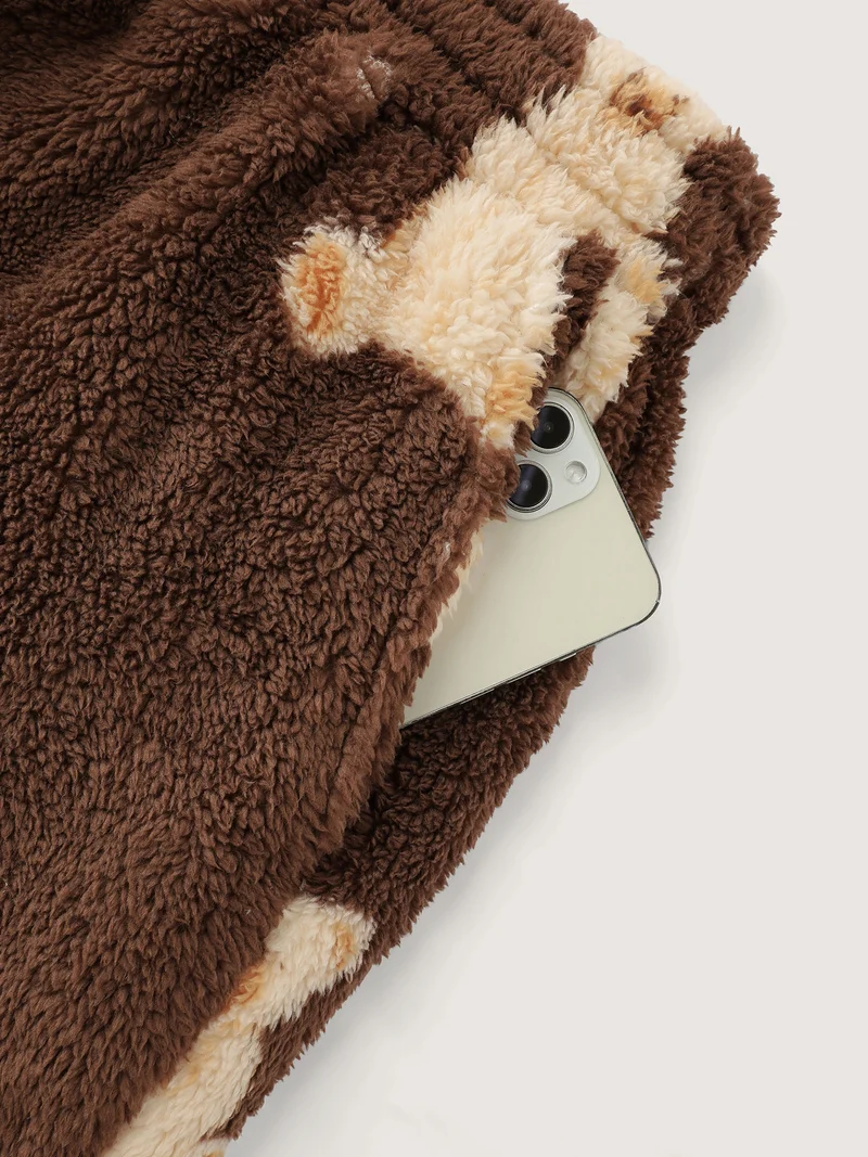 Plush Teddy Pattern Pockets Lounge Bottoms